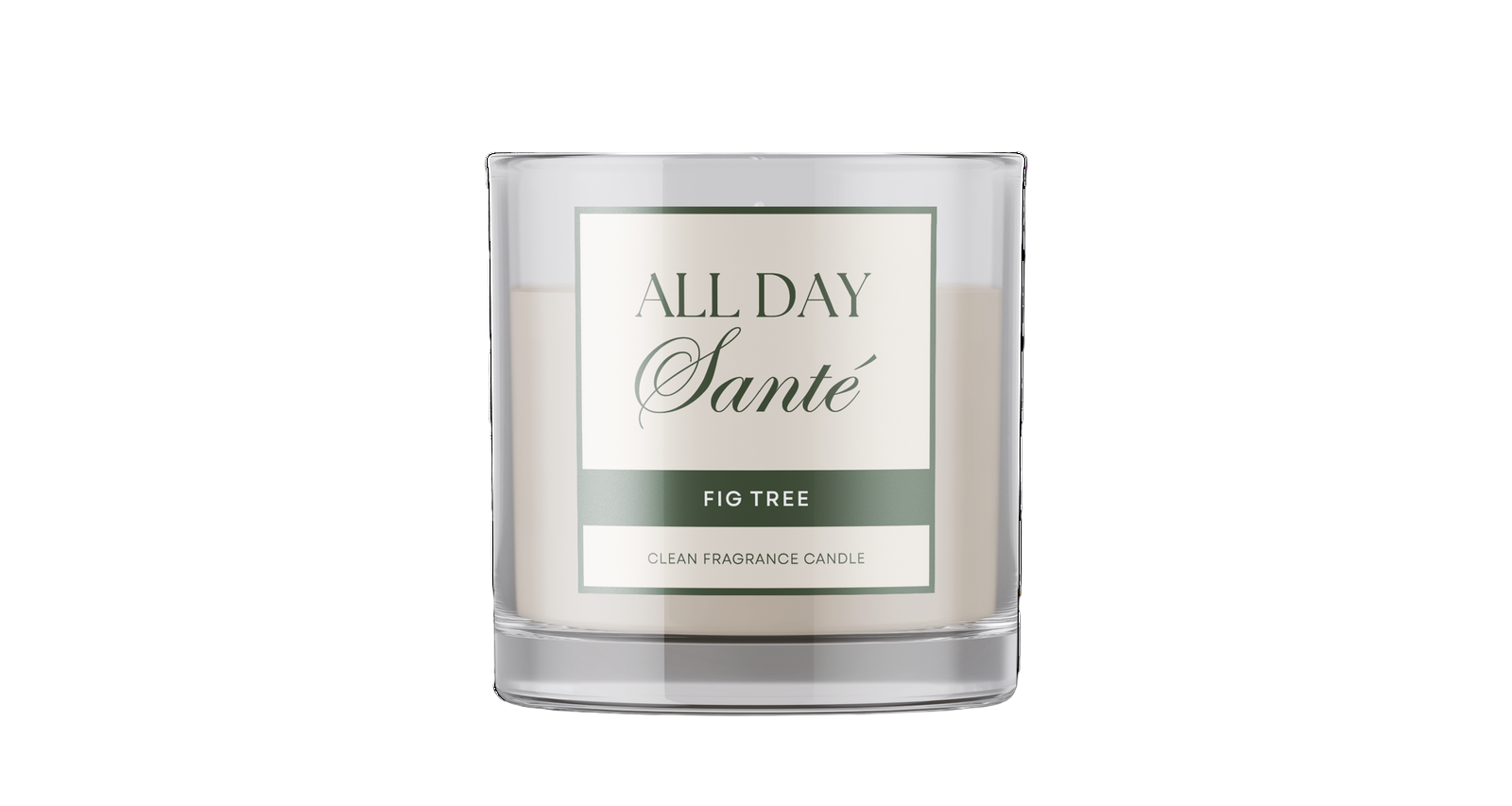 Candle with 'All Day Sante' label on a white background