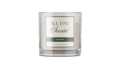Candle with 'All Day Sante' label on a white background